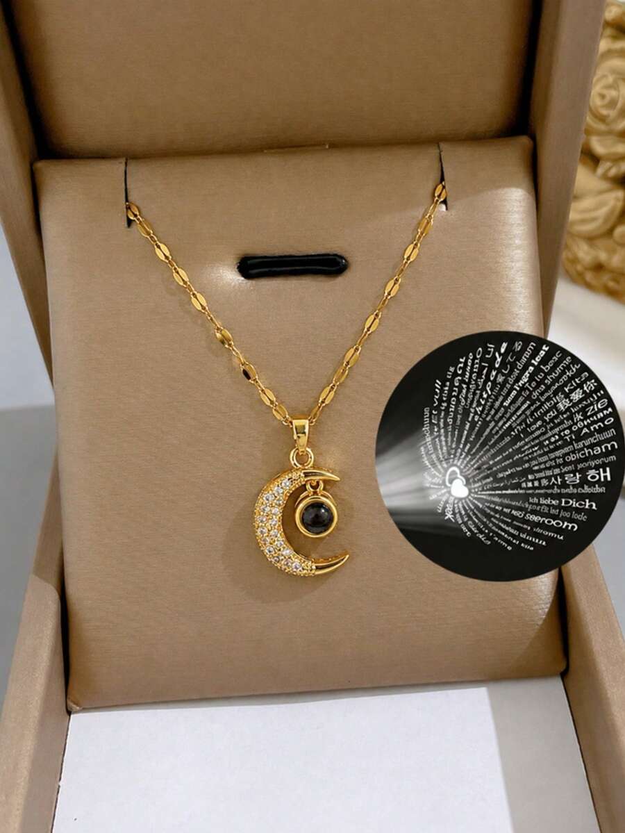 1 pieza Collar de acero inoxidable con diseño de estrella y luna con "Te amo" en 100 idiomas, sin caja de regalo - Amarillo Oro - Ver 1