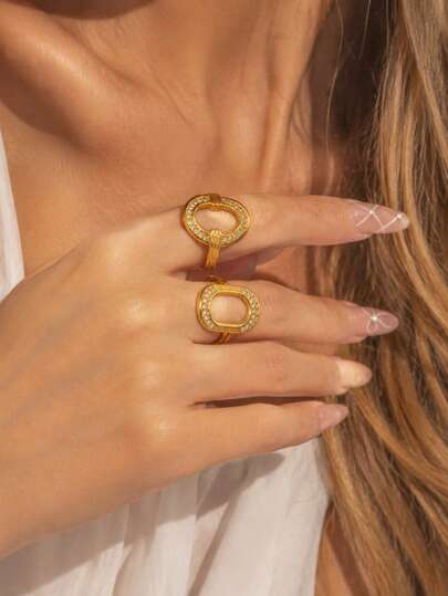1pc Minimalist Elegant Zirconia Inlaid Gold-Plated Geometric Stainless Steel Adjustable Open Ring, Fashionable Charming Stackable Ring, Suitable For Women's Gift, Holiday And Daily Wear