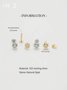 IN Z 1pc 925 Sterling Silver Natural Opal Inlaid Four-Pointed Star With 4 Cubic Zirconia Surrounded Flat Back Lip Stud Earring | Small Stud Earring | Stackable Earring | Octagonal Star Earring | 925 Sterling Silver Jewelry | Suitable For Women's Daily Wear | Sold As Single Piece (Not A Pair) - Four-pointed Star With Four Diamonds - View 3