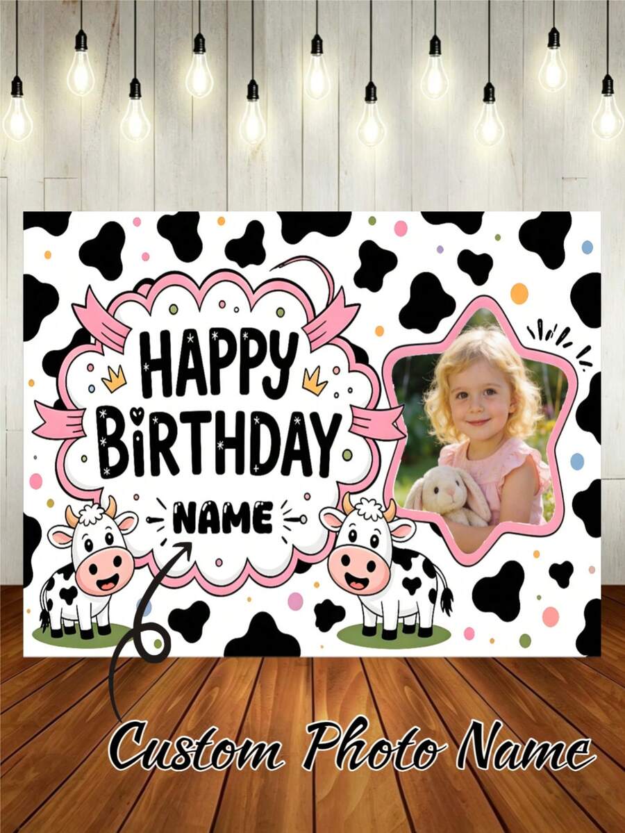1pc Customizable Photo & Name Pink Cartoon Cow Print Happy Birthday Backdrop Banner, Black & White Cow Pattern Full Background With Pink Polka Dots And Pink Decorative Ribbon, Cute & Playful, Suitable For Cow Theme Birthday, Baby Shower Party Background Decoration Photography Banner Vinyl - Type a - View 1