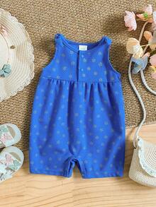 Infant Girls' Soft & Breathable Ditsy Floral Romper, Convenient For Diaper Change, Versatile For Spring & Autumn - Blue - View 1