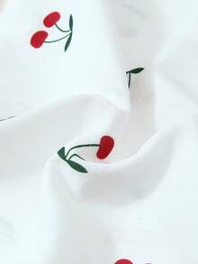 2 Pieces Set Comfortable Cherry Print Lapel Button Short Sleeve Top With Pocket And Bow Shorts, Spring/Summer Women's Pajamas Loungewear Set Suitable For Home Use - White - View 8