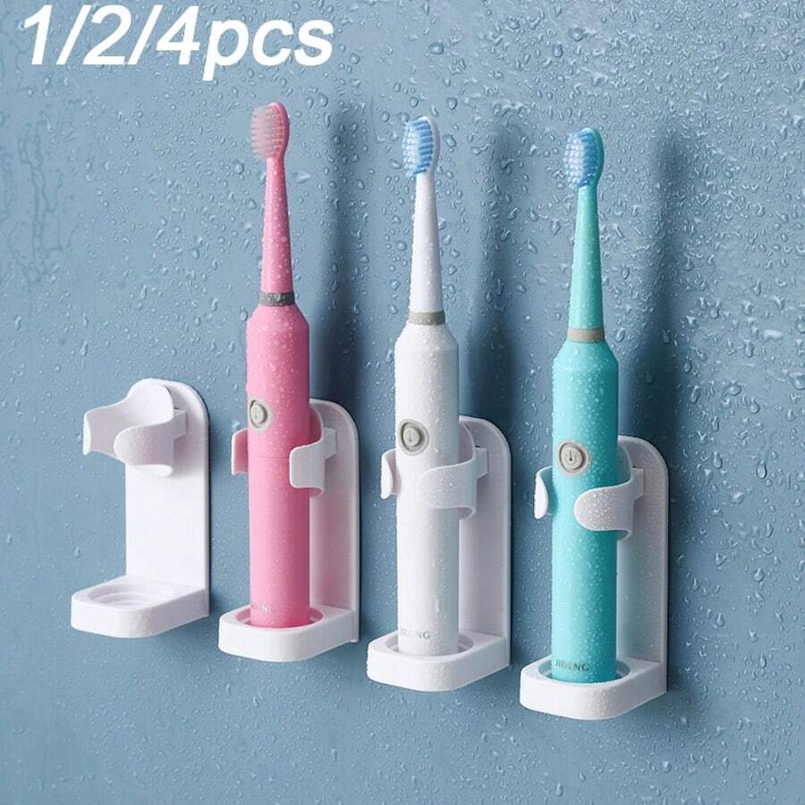 1/2/4pcs Electric Toothbrush Holder, No-Drill Wall-Mounted Toothbrush Rack, Can Be Firmly Adhered To Wall/Cabinet. Bottom Has Drainage Holes, Convenient For Charging. Suitable For Electric Toothbrushes, Shavers And Other Toiletries. Can Be Used In Washroom/Bathroom/Travel/Hotel/Dormitory - Keywords: Bathroom Toothbrush Holder, Home Bathroom Decor, Bathroom Gadgets, Bathroom Accessories, Home Supplies