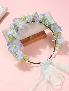 1件女孩歐美森系人造花環，仿真褶皺玫瑰花苞、繡球花、山茶花花冠，美學仙女髮飾，附可調節緞面絲帶，適合海邊出遊與拍照 - 藍色 - 查看 5