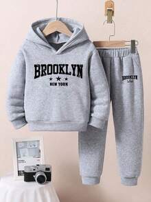 Boys' Letter Print Hoodie And Sweatpants Warm Set - Grey - View 1