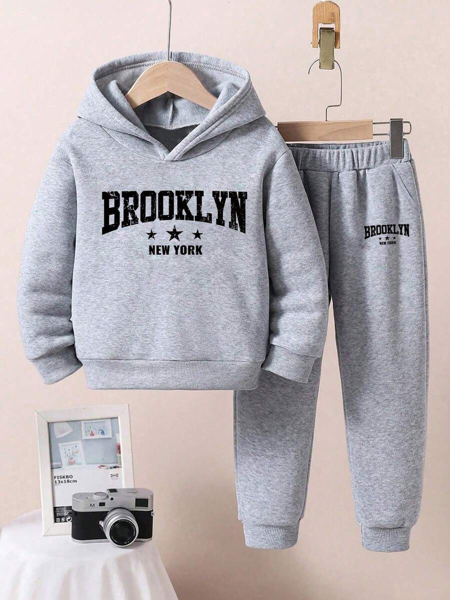 Boys' Letter Print Hoodie And Sweatpants Warm Set - Grey - View 1