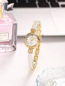 1 pièce Bracelet montre vintage or et perles pour femmes, convient pour un port quotidien - Doré - Voir 3