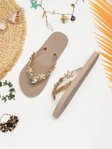 Evertop Surf Original Fashion dam-tåklämda flip-flops, handmålade med oljemålning, sjöstjärna, snäcka och strassdekor, mjuka sulor, avtagbar dekorativ kedja, present till semesterfest, strandfotograferingsrekvisita - Kaki - Visa 6