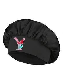 個性化字母緞面髮帽，寬版舒適髮帶，客製化姓名縮寫刺繡睡眠帽，粉色絲綢夜帽，女孩禮物 - 彩色字母刺繡黑色 - 查看 46