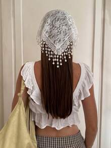 1pc Original Floral Pattern Women's Fashion Flower Embroidered Rolled Edge Tassel Headwrap Hairband Suitable For Daily And Vacation Use - White - View 5