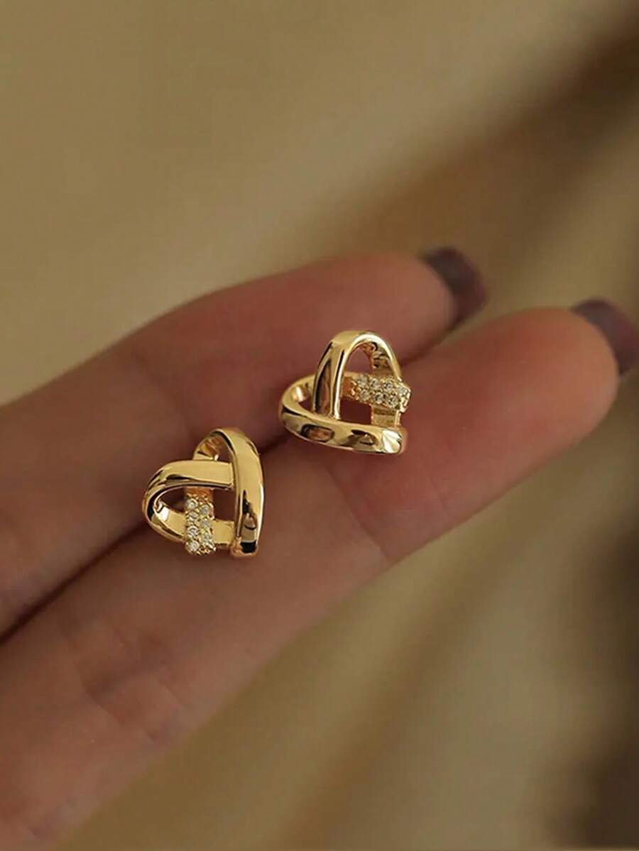 Women's Heart-Shaped Woven Earrings, Rhinestone Heart-Shaped Earrings, Elegant Versatile, Exquisite Minimalist Earrings