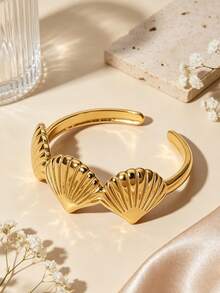 2PCS Coastal Vacation Style Shell-Shaped Open Stainless Steel Women's Jewelry Set, Suitable For Outings, Vacations, Beach Parties, Or Summer Gifts For Friends - Yellow Gold - View 6
