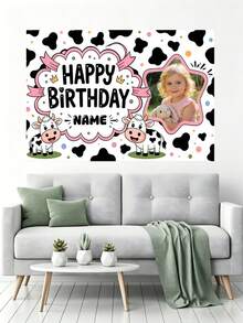 1pc Customizable Photo & Name Pink Cartoon Cow Print Happy Birthday Backdrop Banner, Black & White Cow Pattern Full Background With Pink Polka Dots And Pink Decorative Ribbon, Cute & Playful, Suitable For Cow Theme Birthday, Baby Shower Party Background Decoration Photography Banner Vinyl - Type a - View 6