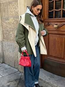 Stylish Women's Colorblock Hooded Casual Utility Jacket Coat, Autumn/Winter - Green - View 5