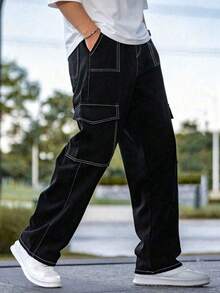 2件組男士夏季工裝直筒長褲，寬鬆版型多口袋通勤健身戶外街頭風百搭長褲 - 黑色 - 查看 2