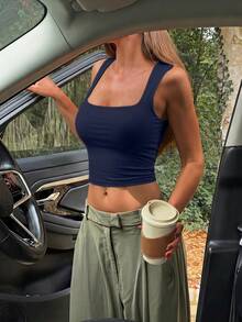 Women Square Neck Wide Strap Stretchy Slim Fit Crop Tank Top Basic Casual Camisole For Vacation Beach Street Daily Outdoor Wear - 藏蓝色 - 查看 2