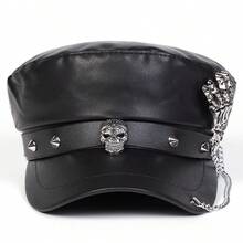 1pc Women's Metal Buckle Leather Cap - Black - View 3