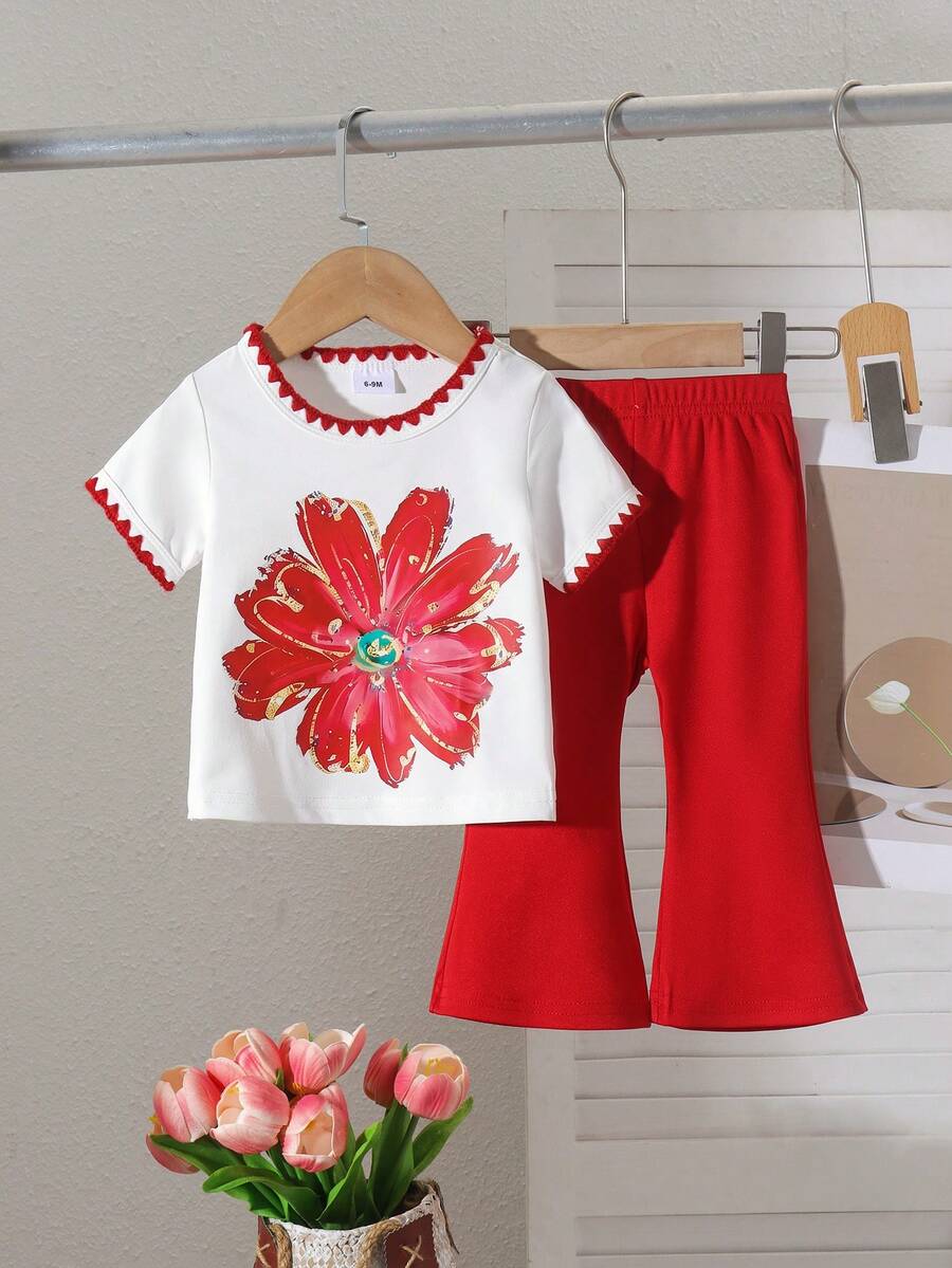 2pcs Baby Girl Casual Short Sleeve T-Shirt & Long Pants Set, Thin ...