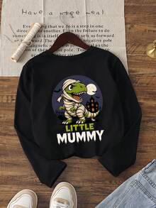 [Halloween] 1pc Boys' Black Long Sleeve Top, Front And Back Mummy Dinosaur Castle Full Moon LITTLE MUMMY Halloween Print, Playful Loose Casual Long Sleeve Shirt - Black - View 4