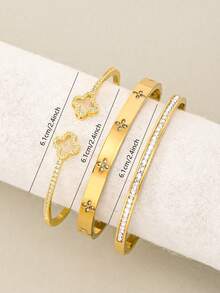 Stainless Steel 18K Gold Diamond-Inlaid Clover Bracelet Set, 14K Gold Cubic Zirconia-Inlaid Open Bracelet, Fashion Women's Daily Wear, Holiday Gift - Gold - View 8