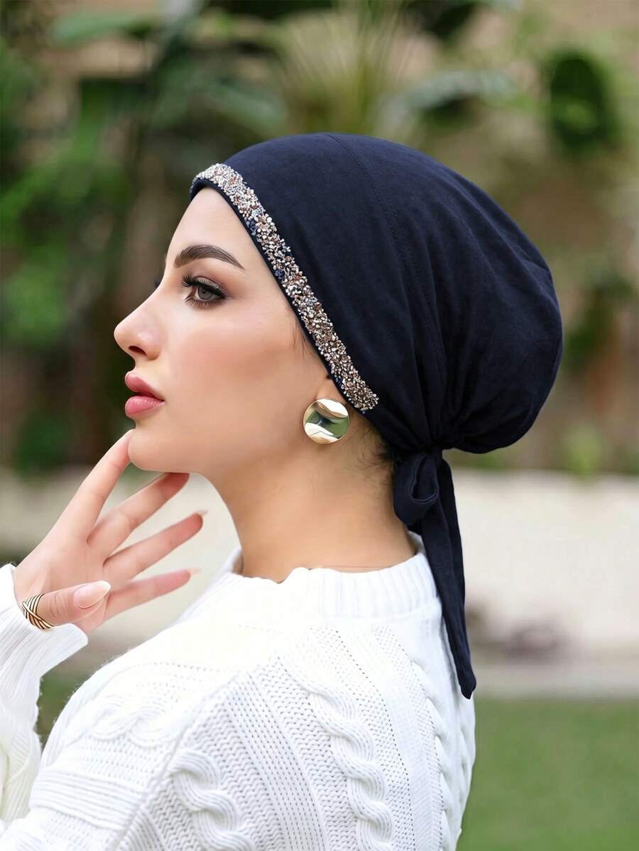 1 pieza Sombrero de mujer de moda de unicolor con strass, pañuelo versátil para la cabeza, underscarf, adecuado para uso diario