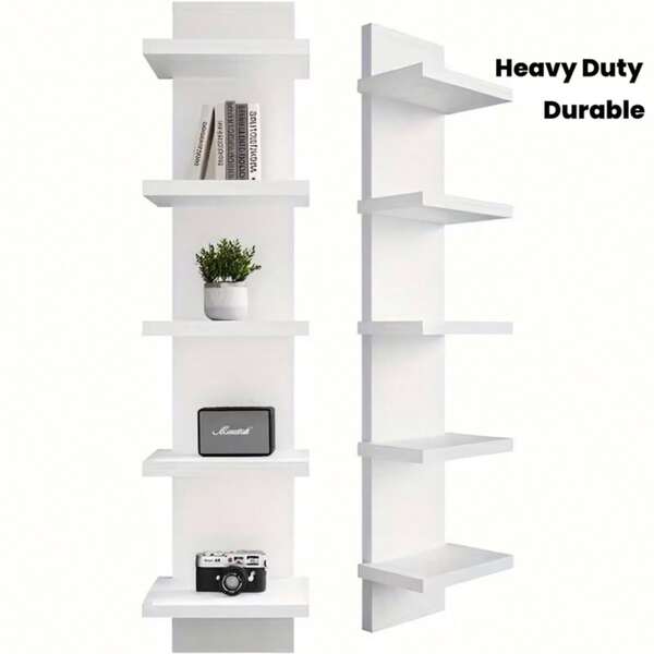 3/5-Tier Wall Shelf, Space-Saving Floating Shelves For Storage, Composite Wood, Vertical Display & Tall Tower Design, Home Decor Organizer For Living Room, Bedroom, Office, White/Black