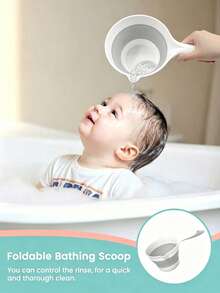 3 Colors Optional Foldable Silicone Baby Bathing Cup For Moms, Anti-Splash Water Design, Non-Slip Long Handle, Portable Storage, Home Use Newborn Baby Bathing And Hair Washing Watering Tool - Multicolor - View 3