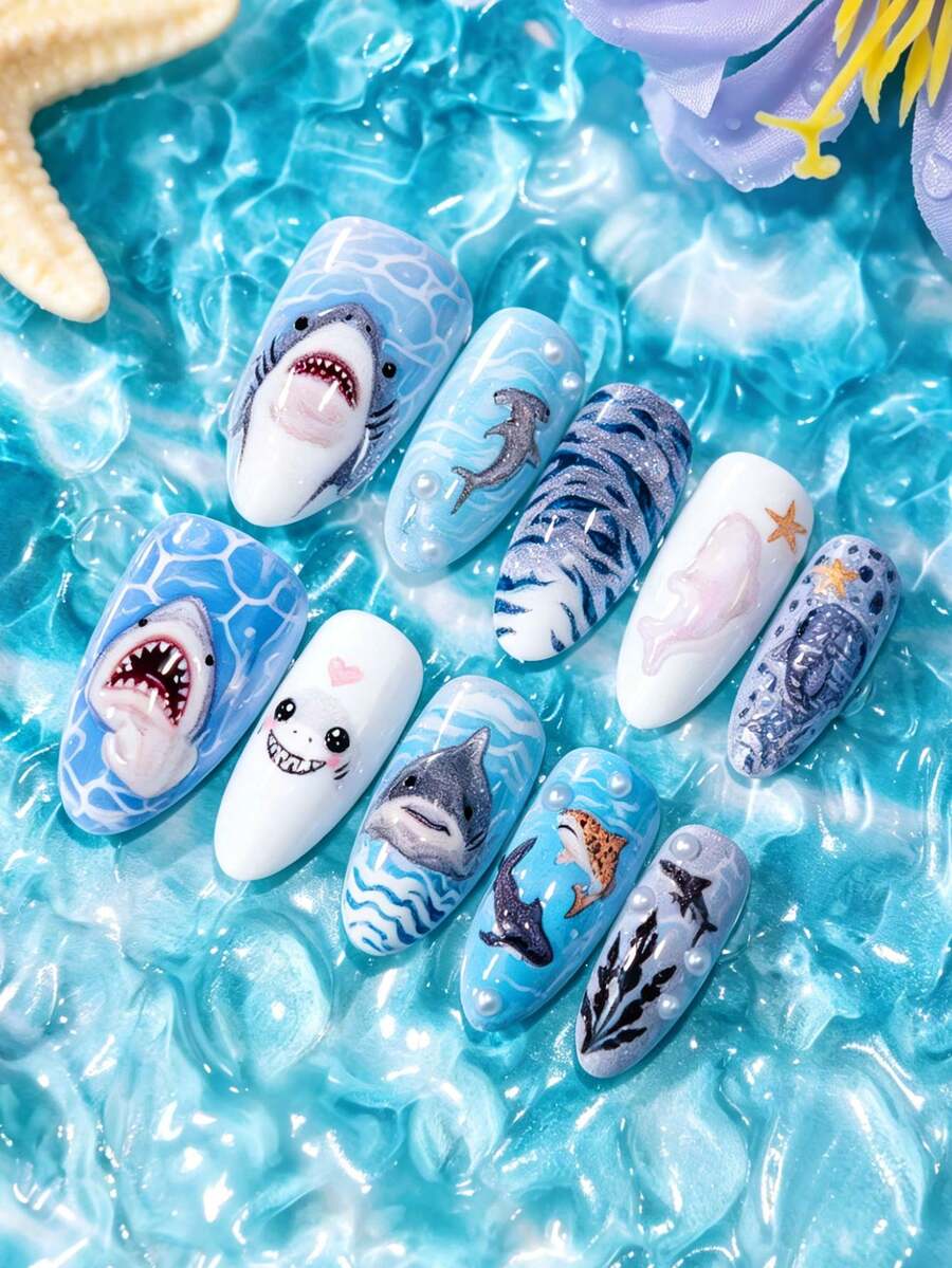 10片中號杏仁形假指甲,可愛海洋鯊魚系列,藍色水波紋魚紋,3D鯊魚臉,星星與珍珠裝飾,亮面防水穿戴式指甲套組,含完整黏貼工具,適合青少年女孩與女性,適用節日、旅行、日常配戴 - 彩色 - 查看 1