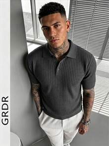 GRDR Men's Summer Ribbed Knit Short Sleeve Shirt, Suitable For Summer Business Gatherings, Minimalist & Versatile - Dark Grey - View 1