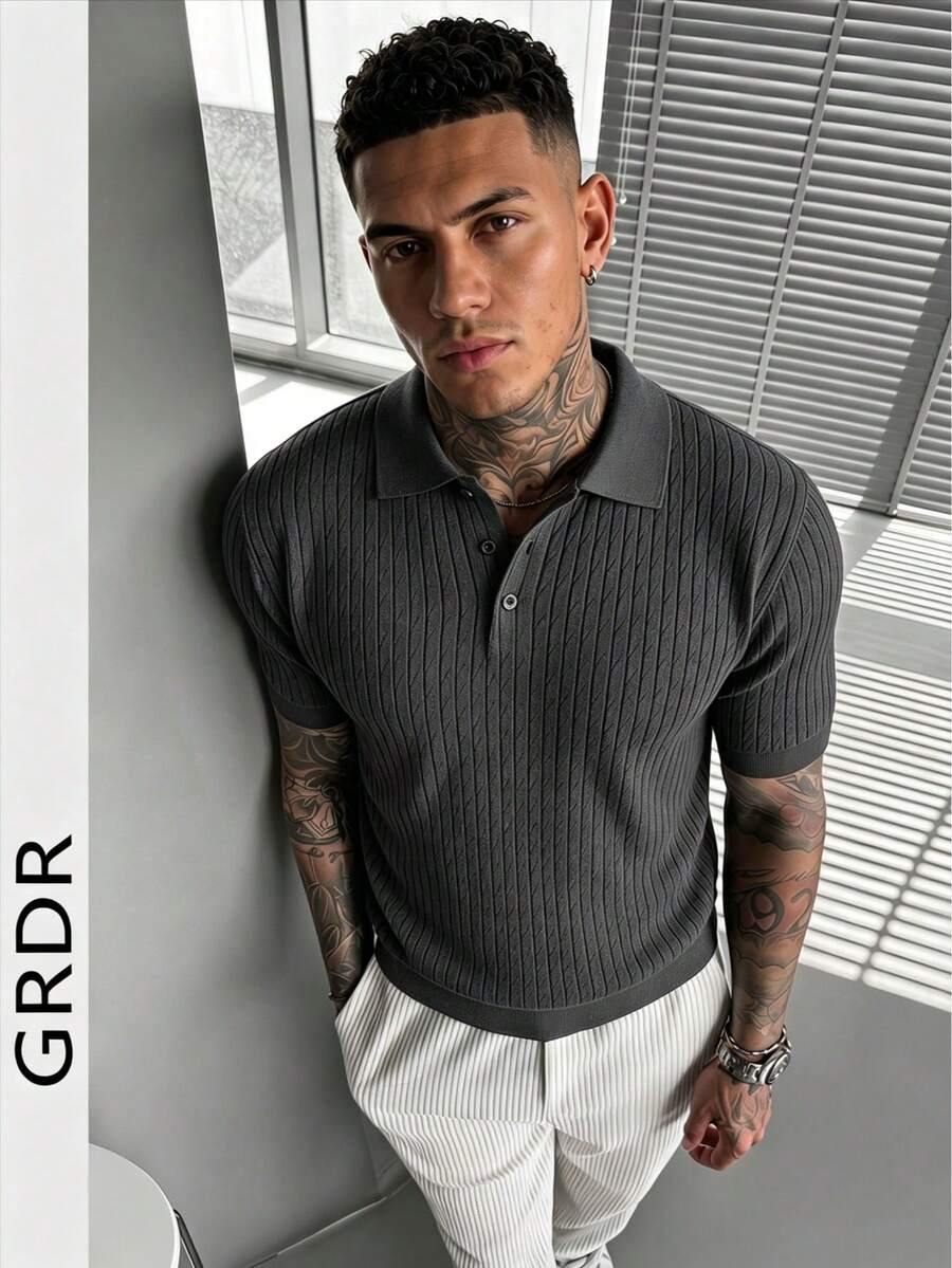 GRDR Men's Summer Ribbed Knit Short Sleeve Shirt, Suitable For Summer Business Gatherings, Minimalist & Versatile - Dark Grey - View 1