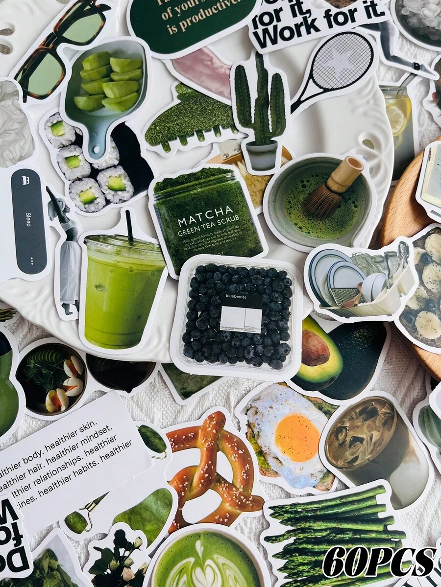 60-Piece Set Of Healthy Eating Stickers For Self-Disciplined Girls: Green Food, Suitcases, Laptops, Scrapbooks, Diaries, Water Bottles, Gym Equipment, DIY Sticker Art School Supplies