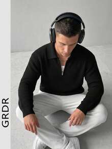GRDR Men's Casual Long Sleeve Half Zip Collar Sweater, Versatile For Daily And Business Wear, Autumn/Winter - Black - View 6