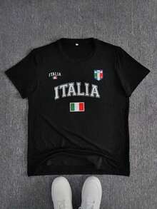 Camiseta de hombre hecha de algodón puro, camiseta negra con estampado gráfico de "Italia" y bandera, estilo casual deportivo. - estilo1 - Ver 2