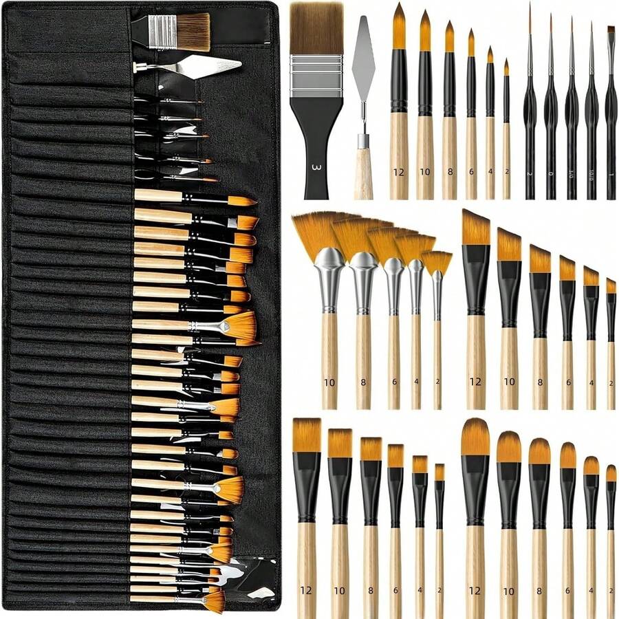 Dom Delfim 35pcs Paint Brushes + 1pc Brush Storage Bag + 1pc Palette Knife - Black