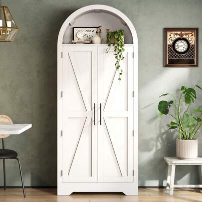 Curved Cabinet Measuring 170 X 70 X 35 Cm High, Suitable For Use As A Kitchen Cabinet, Display Cabinet, Or Wine Cellar, With A Shelf Above The Door And An Open Top. Ideal For The Kitchen, Dining Room, Living Room, And Bedroom. White.