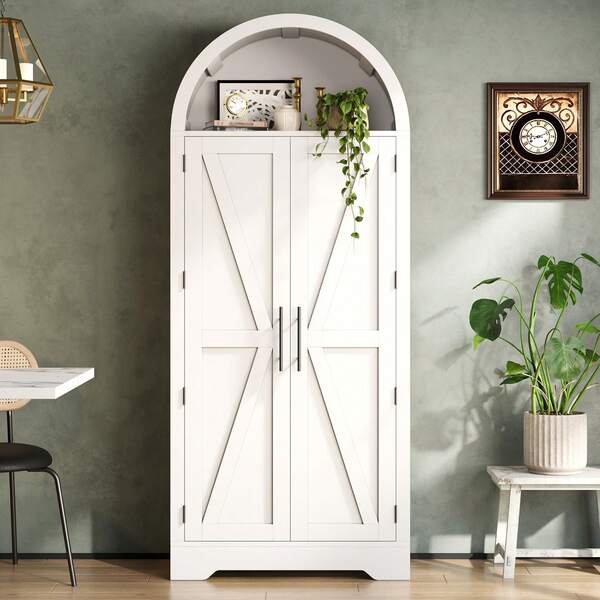 Curved Cabinet Measuring 170 X 70 X 35 Cm High, Suitable For Use As A Kitchen Cabinet, Display Cabinet, Or Wine Cellar, With A Shelf Above The Door And An Open Top. Ideal For The Kitchen, Dining Room, Living Room, And Bedroom. White.