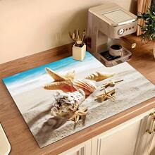 1pc Ocean Theme Starfish & Shell Style Kitchen Dish Drying Mat, Coffee Bar Mat, Stove Mat, Soft Bottom Diatomaceous Earth Draining Mat For Coffee Machine - Multicolor - View 13