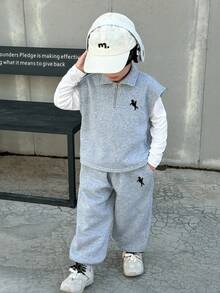 Young Boy Knight Pattern Vest And Long Pants Casual Daily Outfit - Grey - View 3