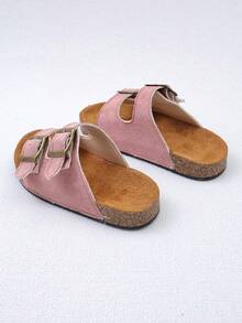 1 Pair Girls' Pink Solid Color Vintage Distressed Metal Double Buckle Decor Soft Cork Sole Non-Slip Breathable Open Toe Low-Top Double Adjustable Buckle Strap Flat Sole Casual Sandals For Home, Summer Outings, Back To School - Pink - View 3