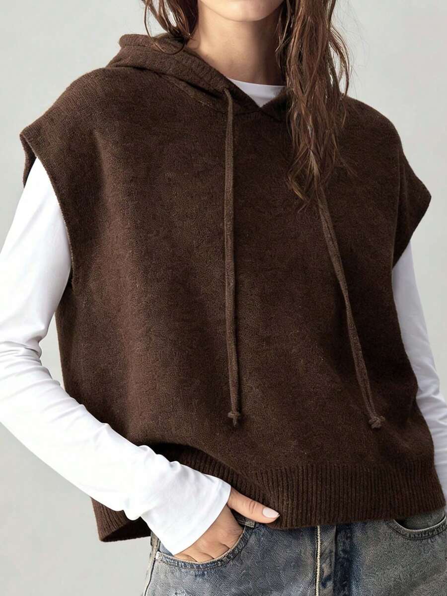 Rompi Rajut Wol Campuran Tebal dan Lembut Ukuran Plus Terbaru Musim Semi/Gugur, Rompi Pendek Longgar Tanpa Lengan Berkerudung dengan Tali Serut Warna Polos, Pakaian Luar Serbaguna untuk Wanita Ukuran Plus, Cocok untuk Belanja Sehari-hari, Pulang Pergi, dan Perjalanan, Rompi Rajut Wol Berkerudung dengan Tali Serut, Rompi Pendek Longgar Tanpa Lengan untuk Wanita Ukuran Plus, Atasan Pakaian Luar Serbaguna untuk Perjalanan Kasual Musim Semi/Gugur - Coffee Brown - View 1