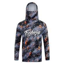 Men's Black & Orange Camo Hooded Fishing Shirt With Face Mask, Long Sleeve Sun Protection Top Sports Fall - Black - View 11