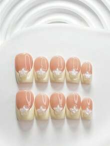 10片甜美風手工穿戴甲，Polygel美甲套組，白色珍珠亮面五角星黃色指甲油，獨特風格，含美甲工具，3種尺寸可選：方型、短方型、杏仁型，適合派對、跳舞、日常配戴 - 彩色 - 查看 4