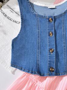 Vihyde Tween Girls Back‑To‑School 2‑Piece Outfit, Striped Long‑Sleeve Shirt Dress & Denim Vest Fall Winter Set - Pink - View 7