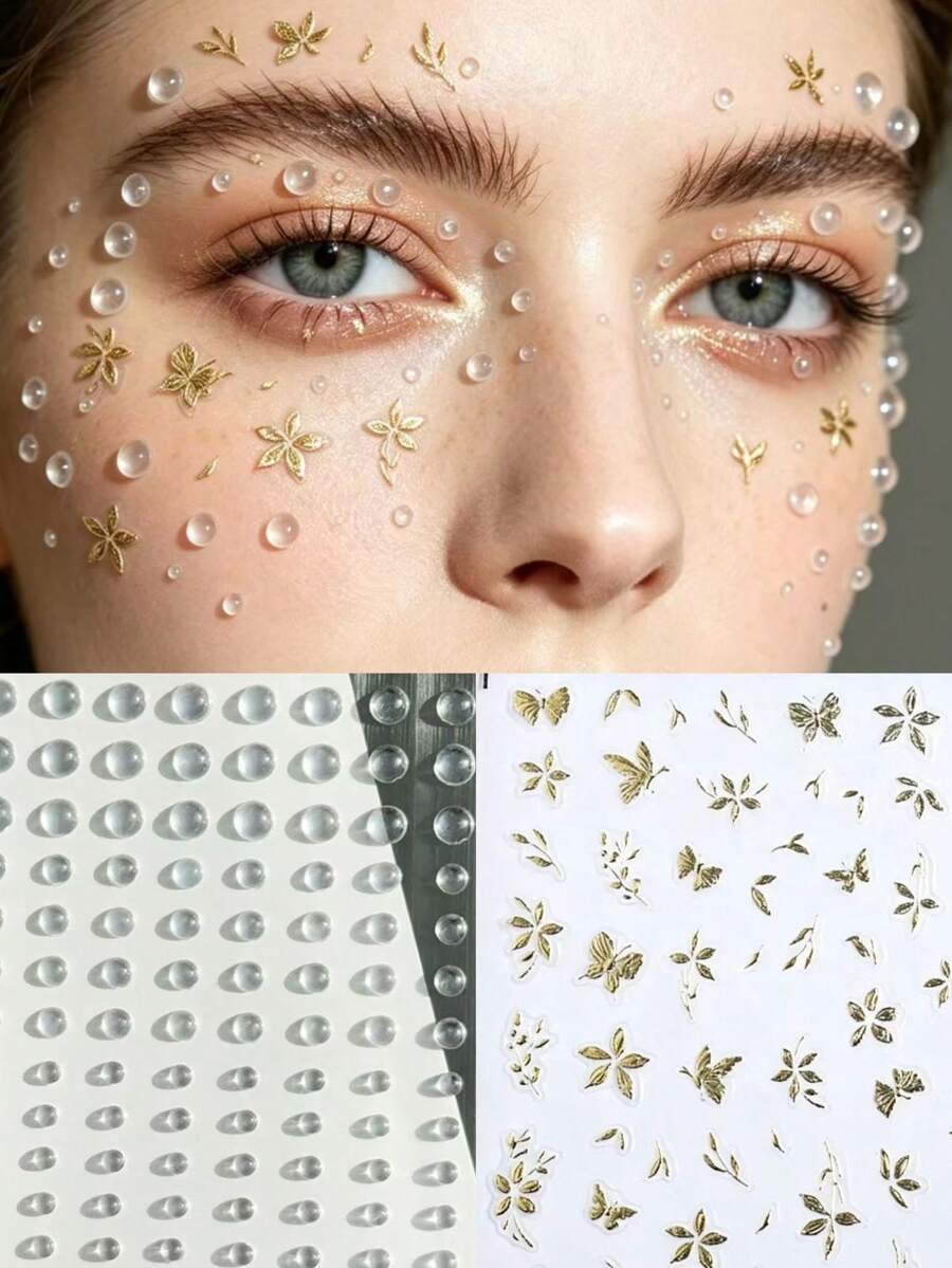 1套金色箔葉臉部裝飾貼紙,附透明半圓形水滴珠,薄底自黏背膠,營造臉部露水清透質感,適合森系攝影、海灘度假、夏季出遊妝容,可自由貼於眼周、眉骨與臉頰,打造清新亮麗的臉部妝點 - 彩色 - 查看 1