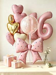 Colorful Pom Poms And Pink Bow Balloons With Number Heart Balloon Set, Includes 2cm 20pcs (Random Color), Stickers, Suitable For Romantic Birthday Party Decoration, Wedding, Photo Props, Bachelor Party, Holiday Celebration - Pink Number Heart Bow Colorful Balloon Set - View 10