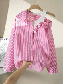 1pc Girls' Turn-Down Collar Asymmetric Shoulder 2-In-1 Vertical Striped Long Sleeve Shirt, Suitable For Daily Casual And Back To School Occasions, Spring/Autumn - Pink - View 1
