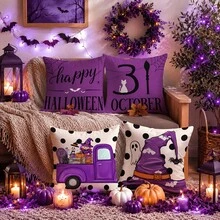 4pcs Halloween Throw Pillow Cover, Spooky Season, Polyester With Zipper, Machine Washable, Suitable For Living Room, Purple Witch Hat And Truck Cushions 17.72*17.72 Inches - Multicolor - View 11