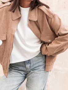 Middle-Aged Women Camel Faux Suede Lapel Jacket, Loose Drop Shoulder Short Casual Spring/Autumn Versatile Top - Camel - View 4
