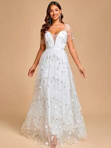 Elasola Women's Elegant Romantic Heart Neckline Short Sleeve Evening Gown White - White - View 10
