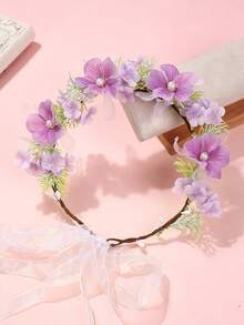 1件女孩歐美森系人造花環，仿真褶皺玫瑰花蕾花環，唯美繡球花與山茶花花冠，適合海灘旅行與拍照，仙女風可調節緞帶髮飾 - 紫色 - 查看 1